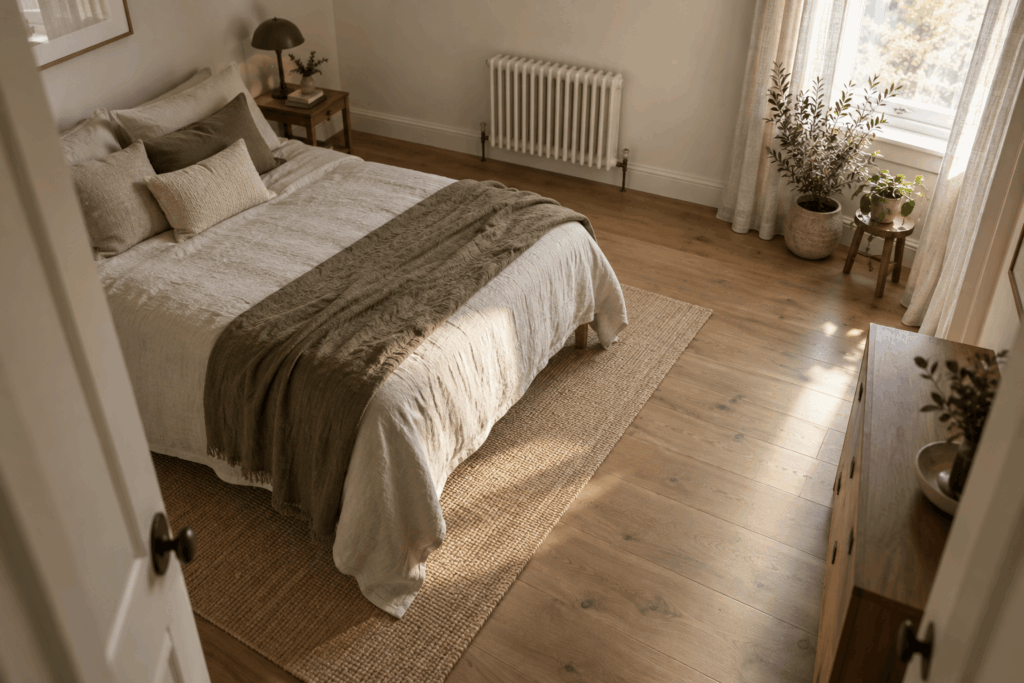 Bedroom placement reference showing window plants, clear circulation, and heater separation