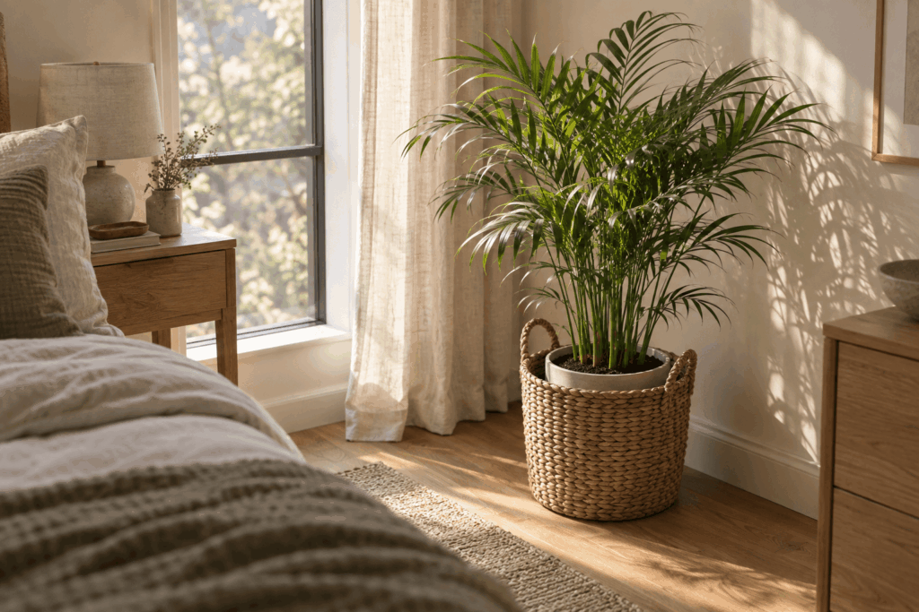 Parlor palm in a woven basket with a visible waterproof inner container