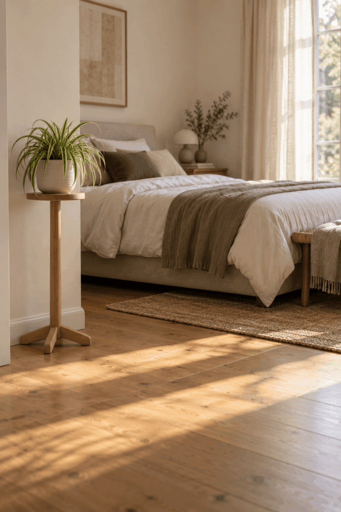 Slim freestanding plant stand beside a bed with an open walkway