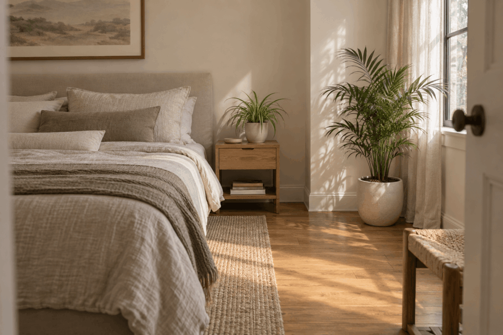 Cozy Bedroom with Plants Ideas Aesthetic with warm linen and bedside greenery