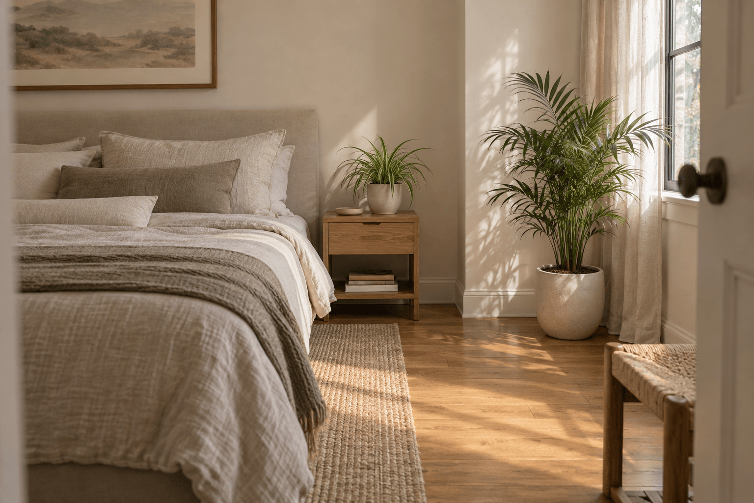 Cozy Bedroom with Plants Ideas Aesthetic with warm linen and bedside greenery
