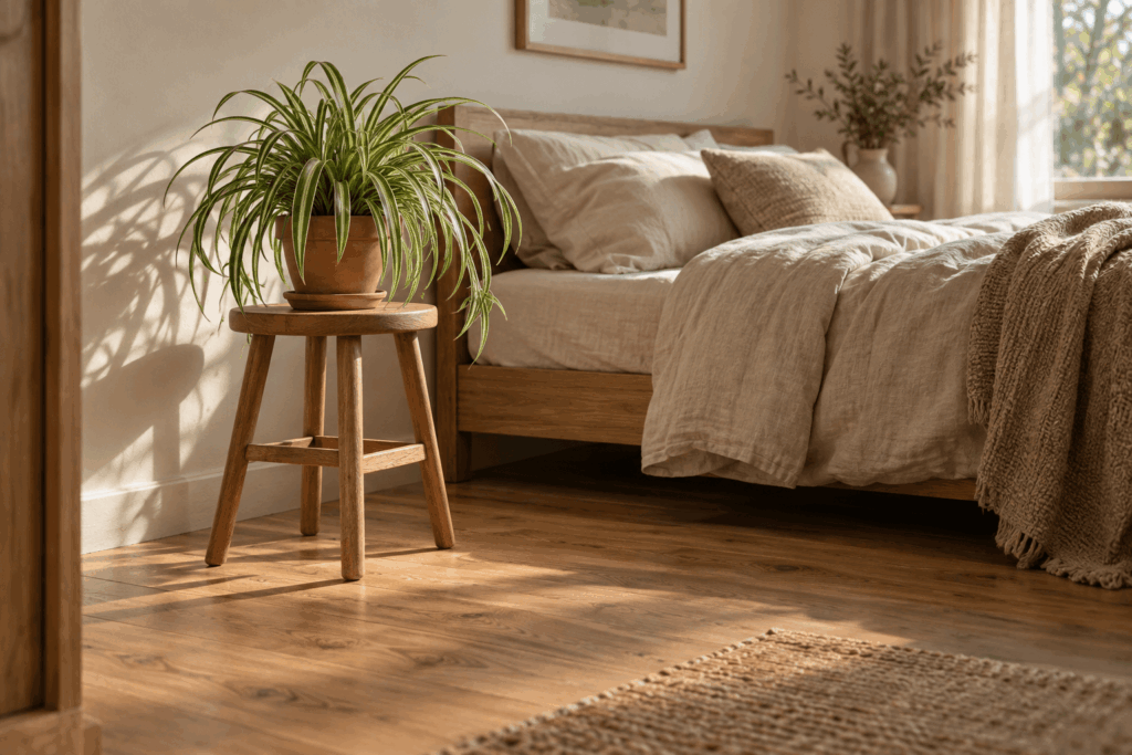 Spider plant on a sturdy wooden stool beside a low bed