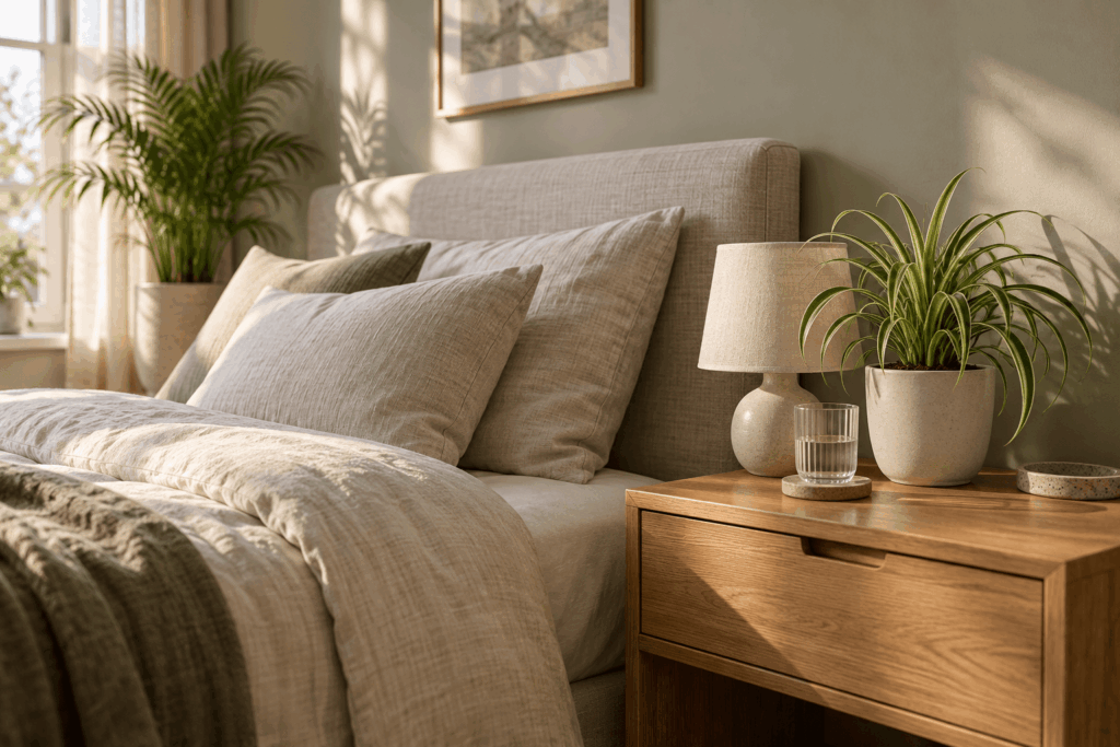 Small spider plant beside a lamp with clear nightstand space