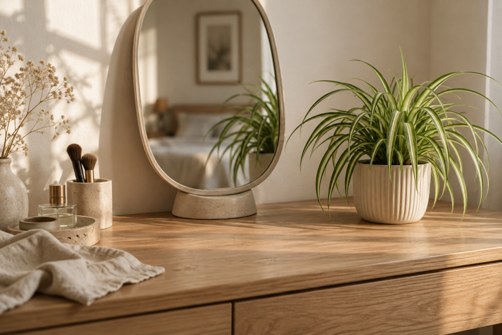 Spider plant reflected beside a stable tabletop vanity mirror