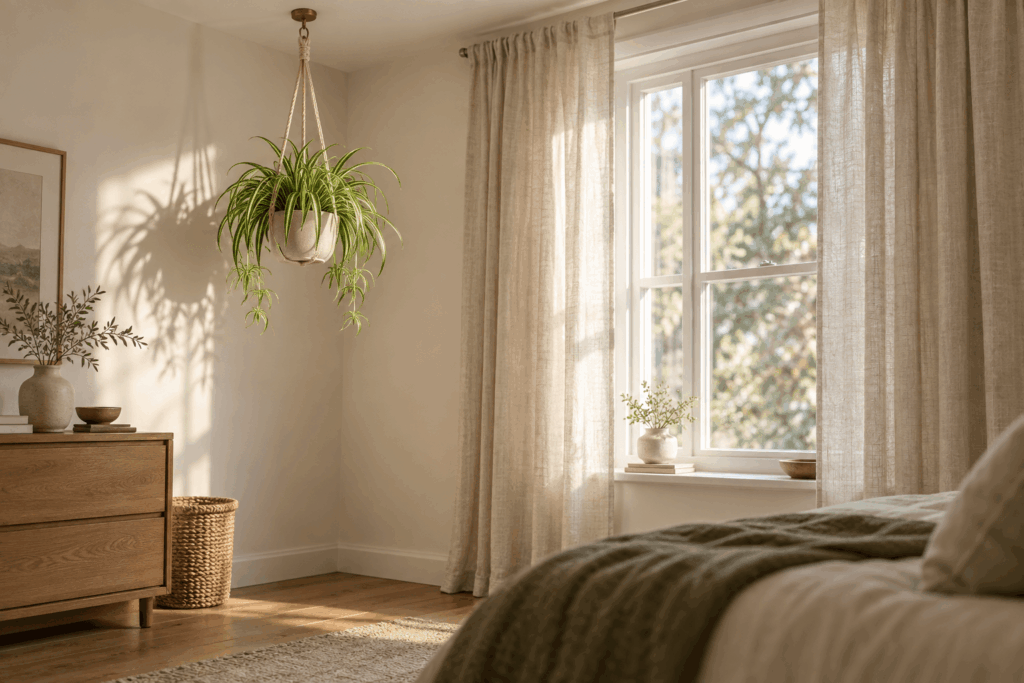 Hanging spider plant beside a bedroom window away from the bed
