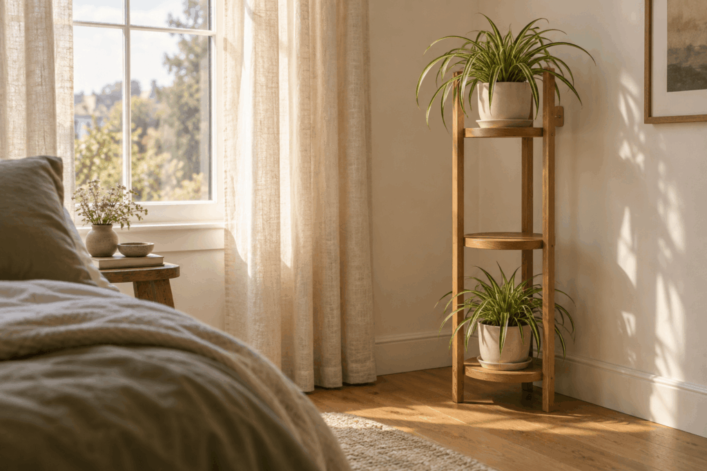 Narrow open plant tower with spaced pots beside a bedroom window