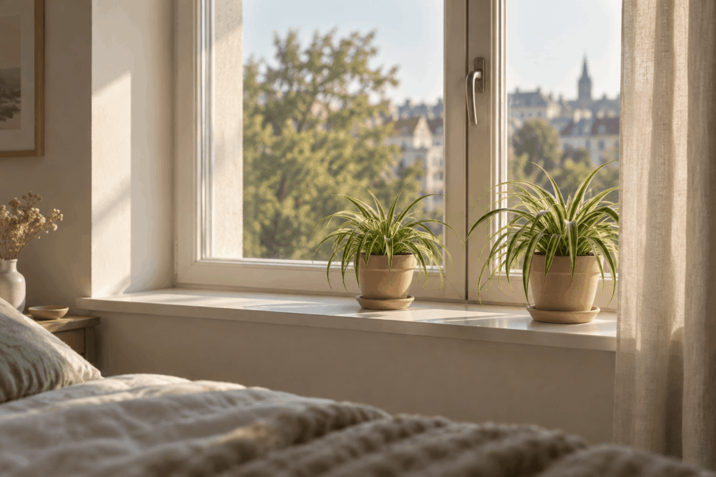 Two small spider plants spaced along a deep bedroom windowsill