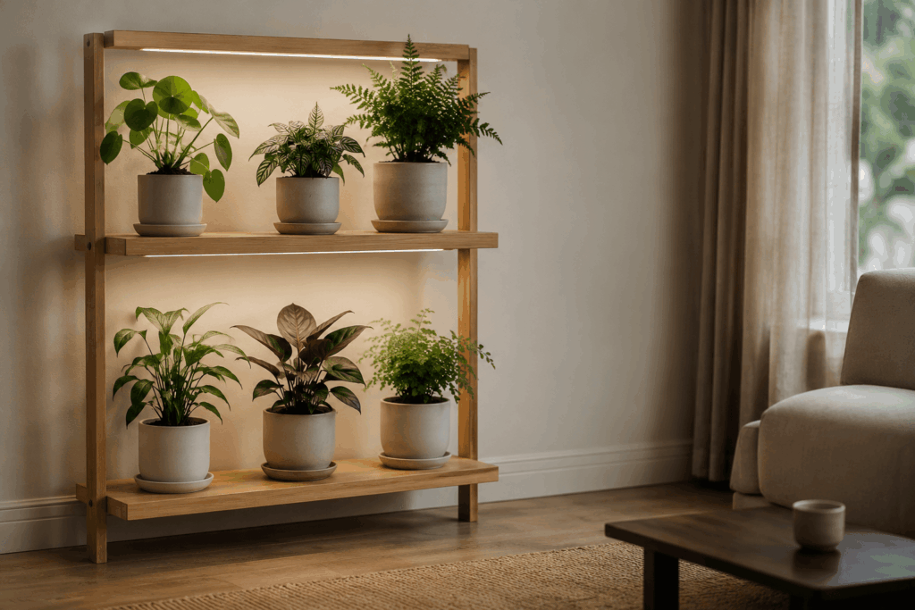 Grow-light shelf supporting indoor plants on a dim living room wall