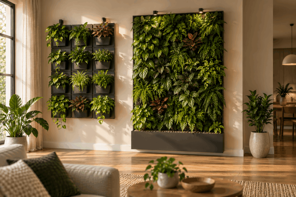 Modular pocket plant wall compared with full permanent living-wall panel