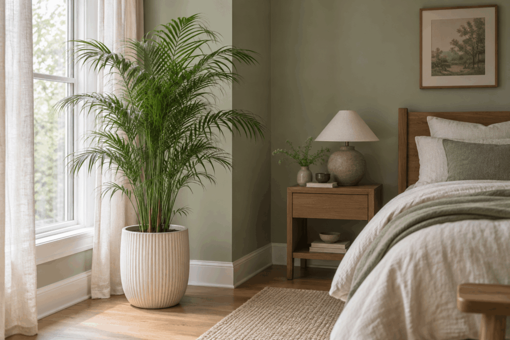 Parlor palm close to a bedroom window receiving soft indirect daylight
