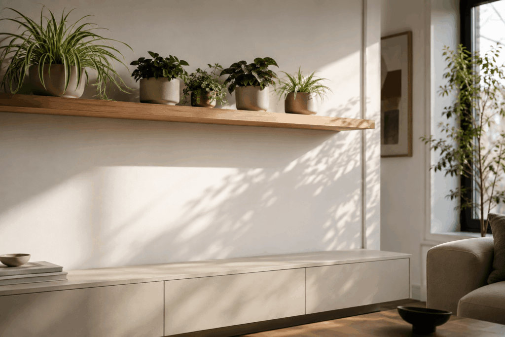 Elevated pet-aware plant wall using spider plants and peperomia