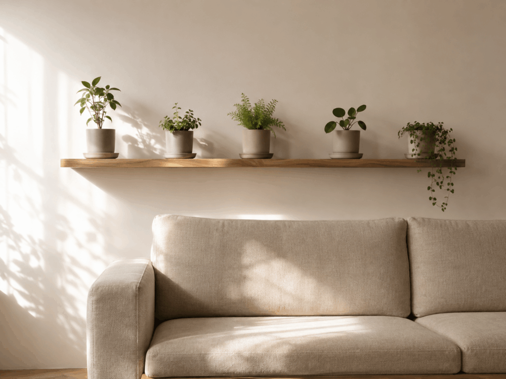 Shallow plant ledge arranged safely behind compact apartment sofa
