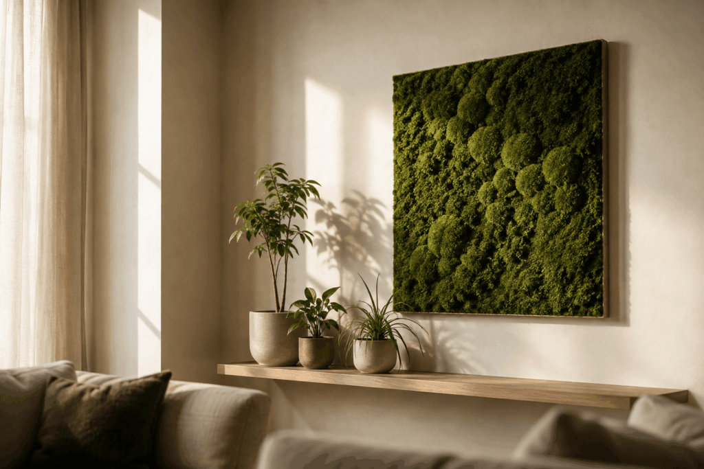 Preserved moss panel combined with a few accessible live houseplants