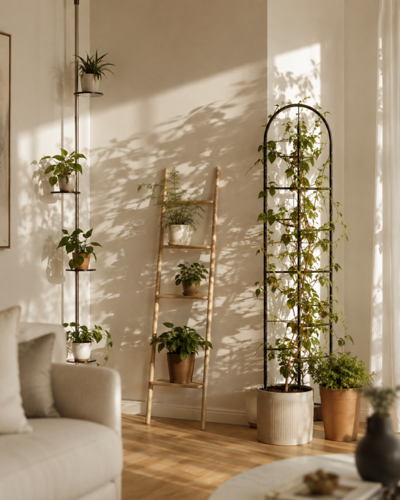 Three renter-friendly plant wall setups with tension pole ladder and trellis
