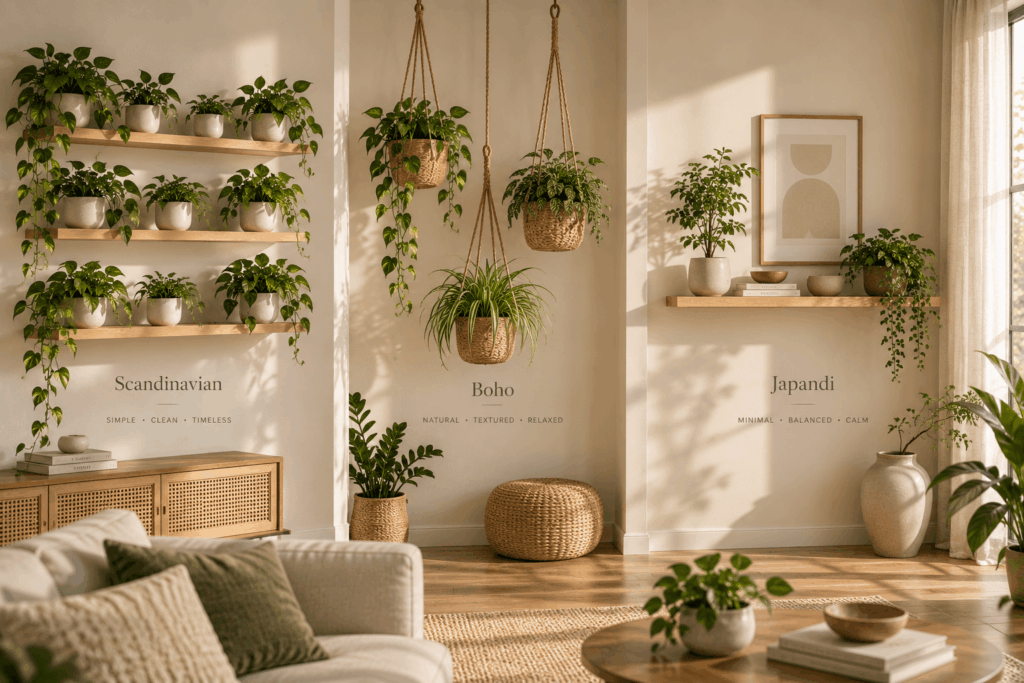Scandinavian Boho and Japandi plant wall styles in small rooms