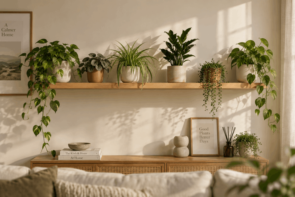 Long oak floating plant shelf above compact living room furniture