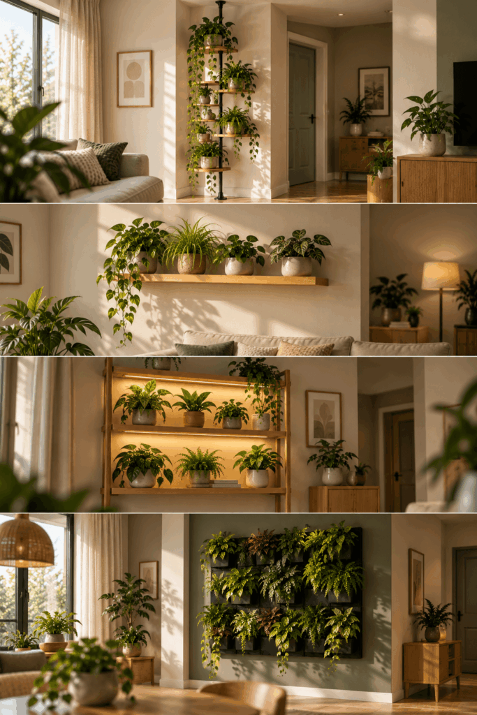 Small living room plant wall decision guide with removable and mounted setups