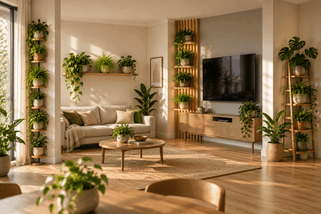 Four plant wall layouts for narrow sofa TV and corner spaces