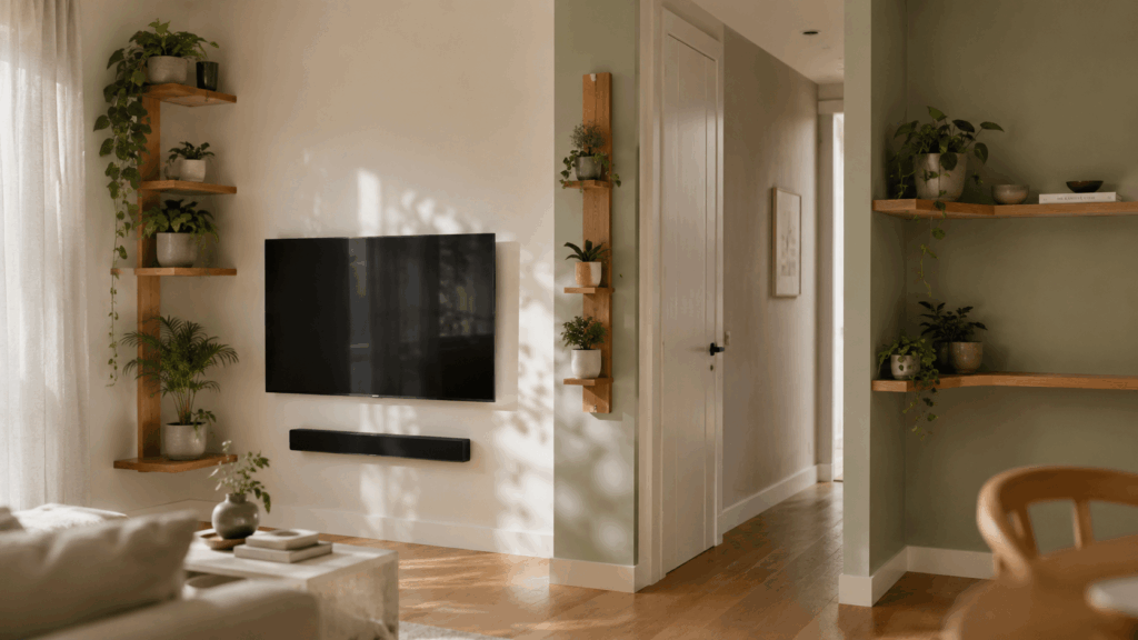TV-side greenery narrow plant column and corner-wrap wall layouts