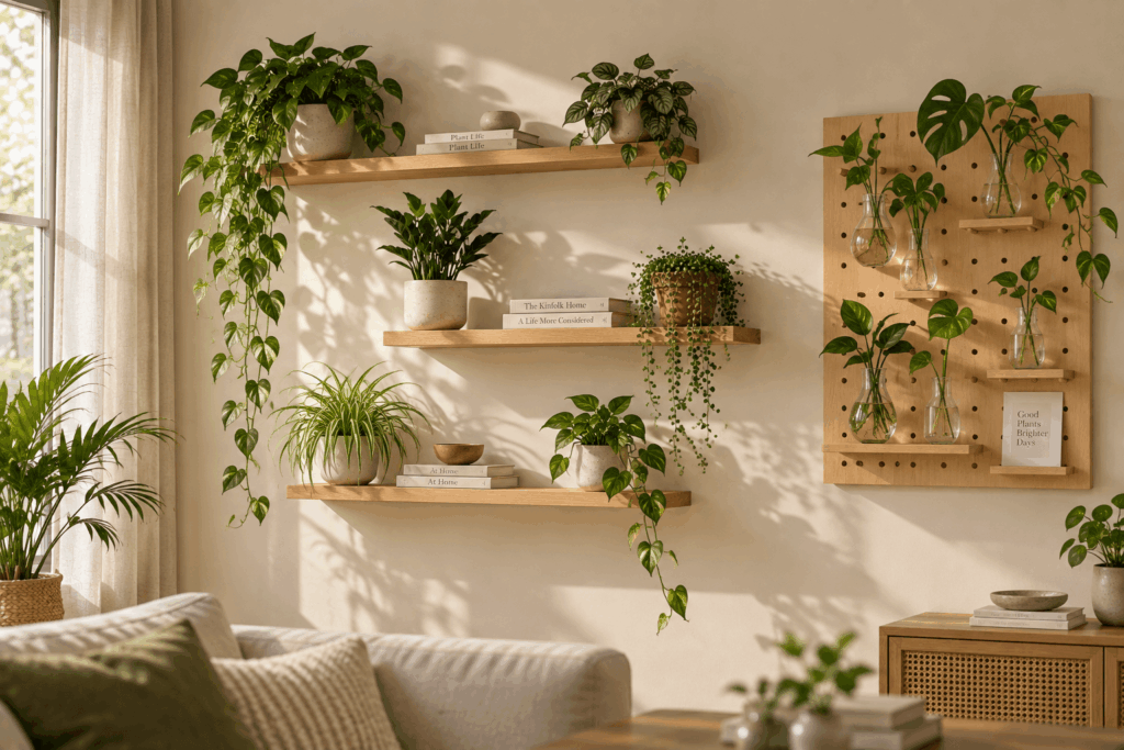 Staggered plant shelves beside organized pegboard propagation display