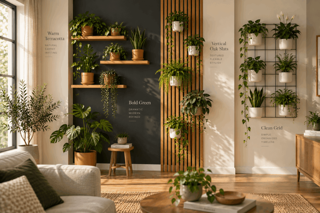Terracotta dark wall wood slats and white-pot plant wall styles