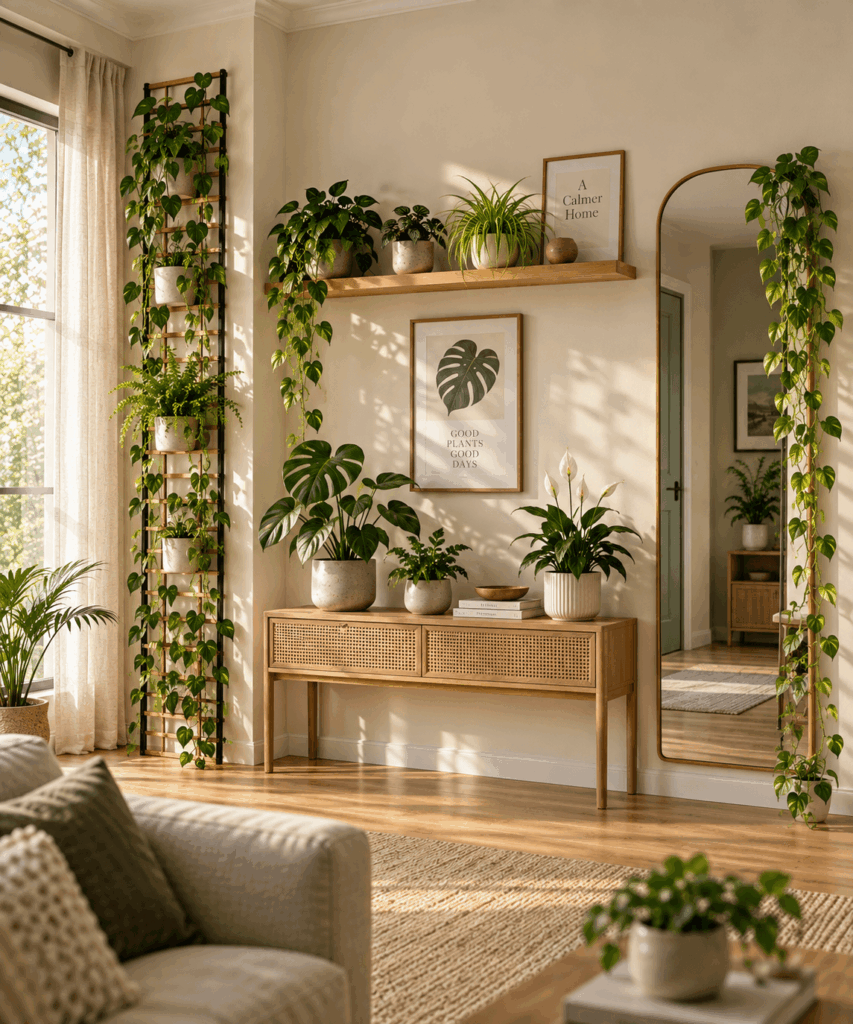 Window-side vines console greenery and mirror plant wall examples